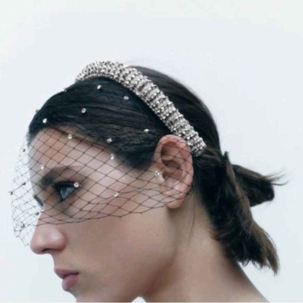 NWT Zara Rhinestones Mesh Veil Headband - Picture 1 of 10
